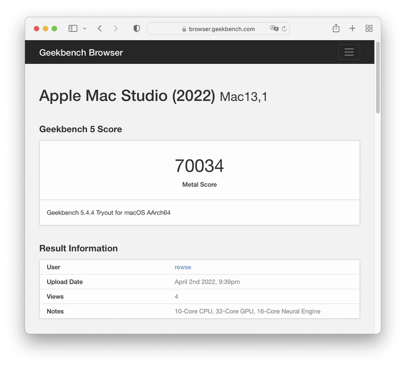 Geekbench 5 での Apple Mac Studio (2022) / Apple M1 Max (10-Core CPU, 32-Core GPU, 16-Core Neural Engine) の Compute (GPU) 計測結果